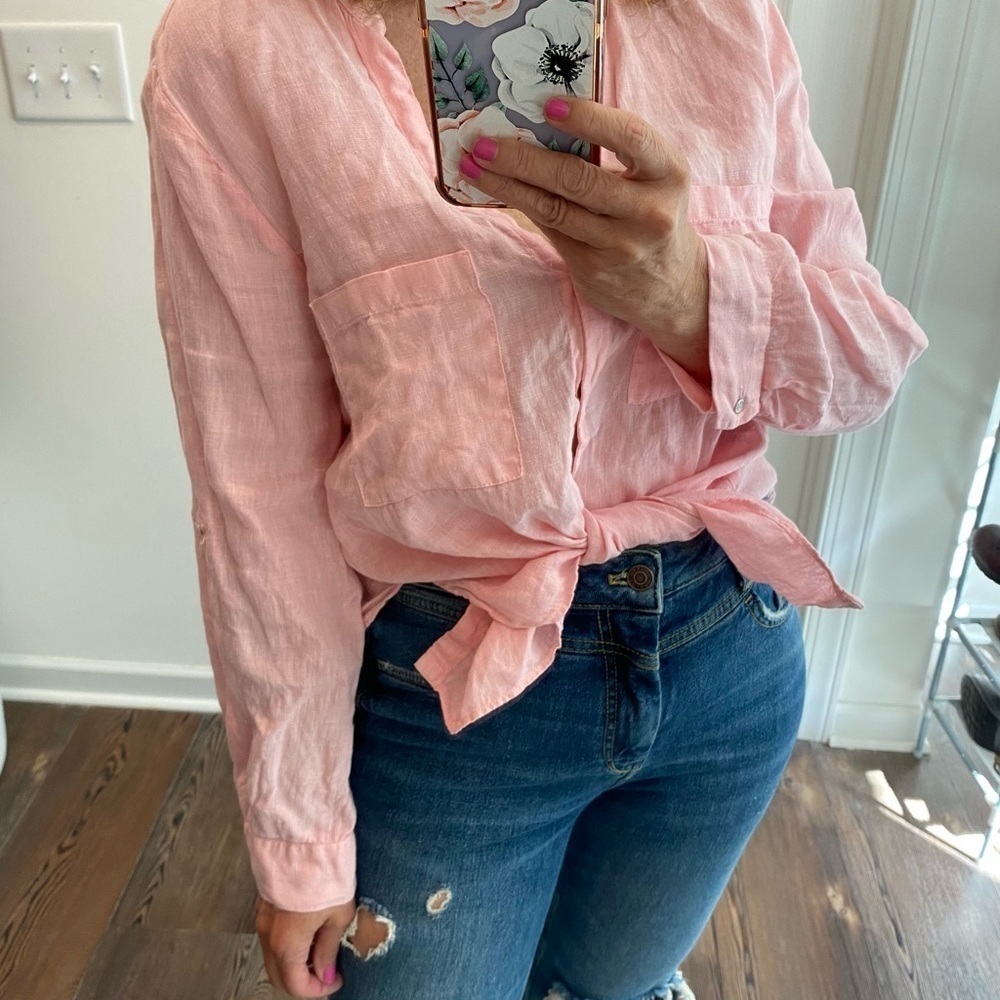 ZARa pink linen button up top size large blouse natural fibers